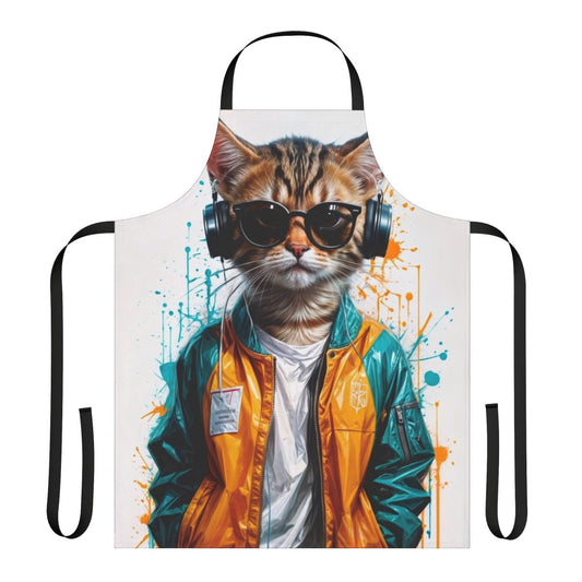 A modern and fun apron featuring a dancing cat design, perfect for cat lovers and home cooks.