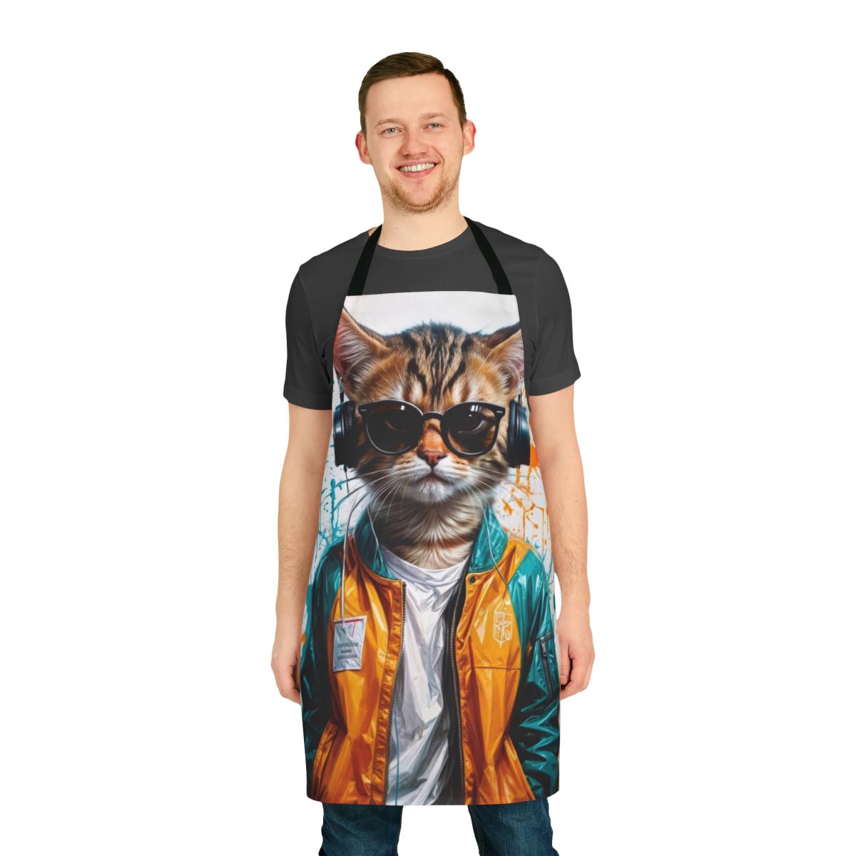 A modern and fun apron featuring a dancing cat design, perfect for cat lovers and home cooks.