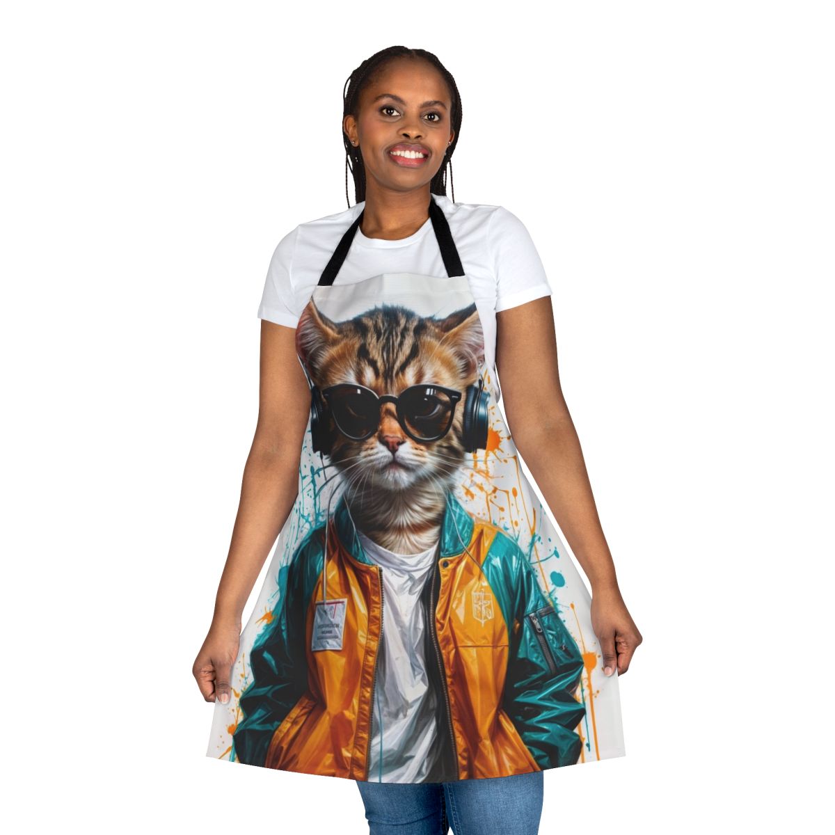A modern and fun apron featuring a dancing cat design, perfect for cat lovers and home cooks.