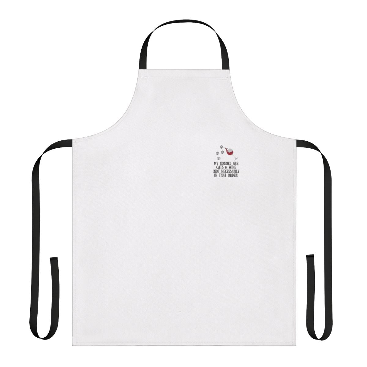 A playful apron featuring a cat and wine design for the cat-loving, wine-drinking hobbyist.