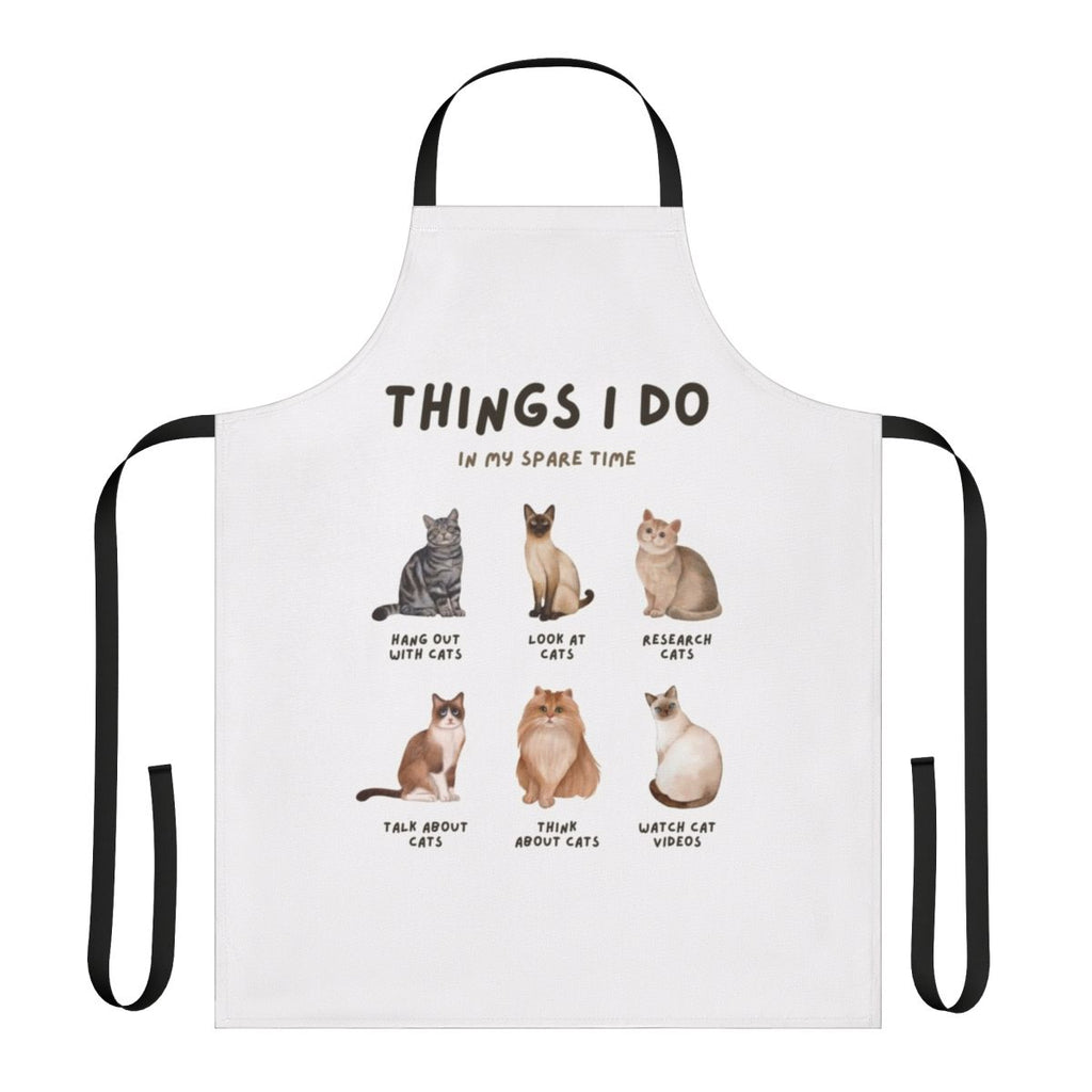 A white apron with a whimsical cat lady-themed graphic design.