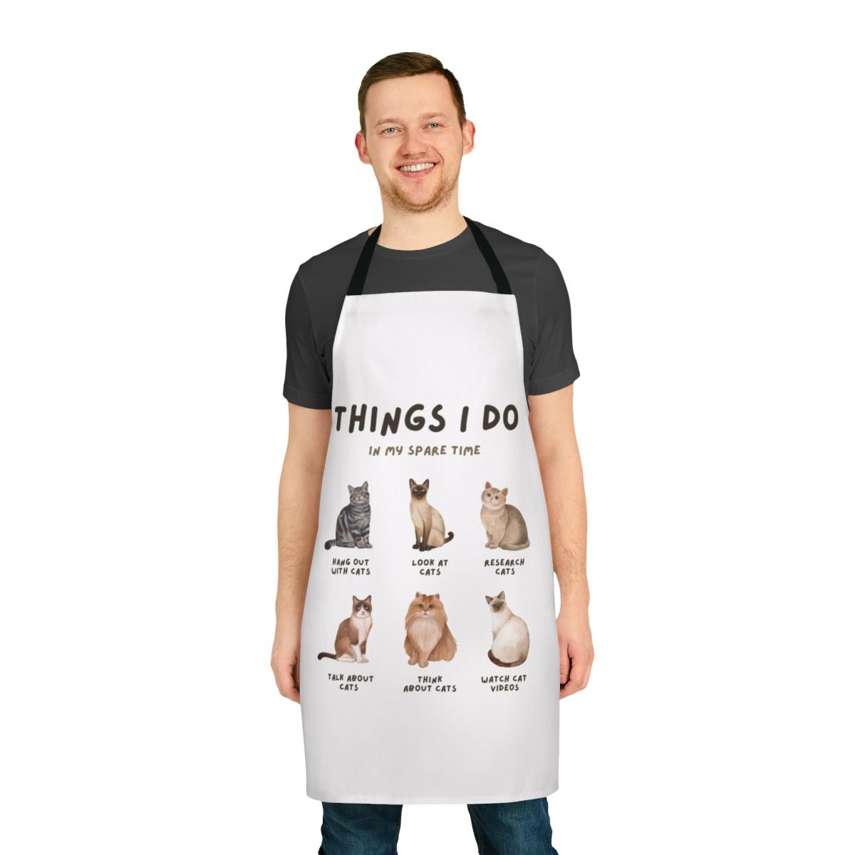 A white apron with a whimsical cat lady-themed graphic design.