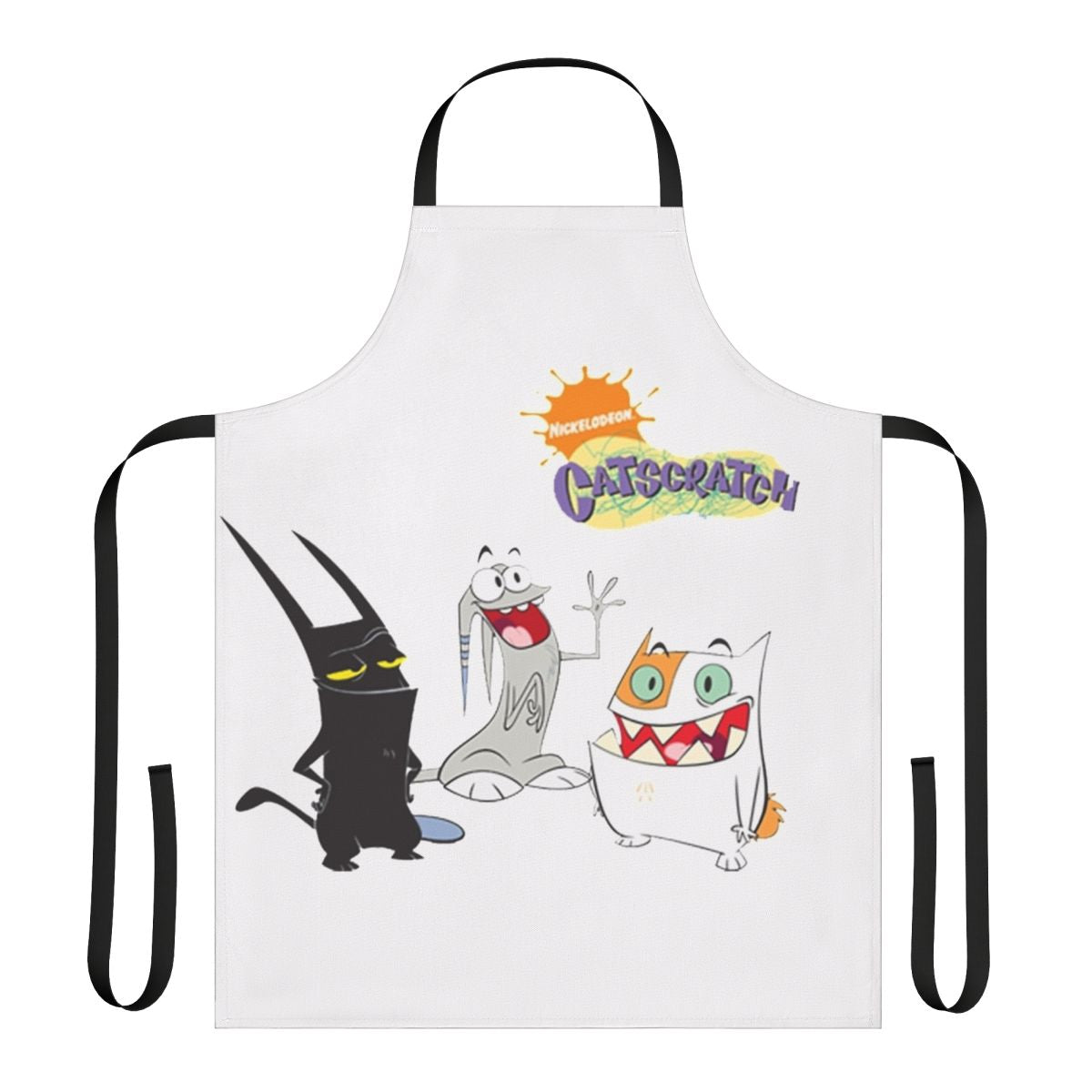 A vibrant apron featuring the iconic characters from the beloved "Cat Scratch" cartoon series.