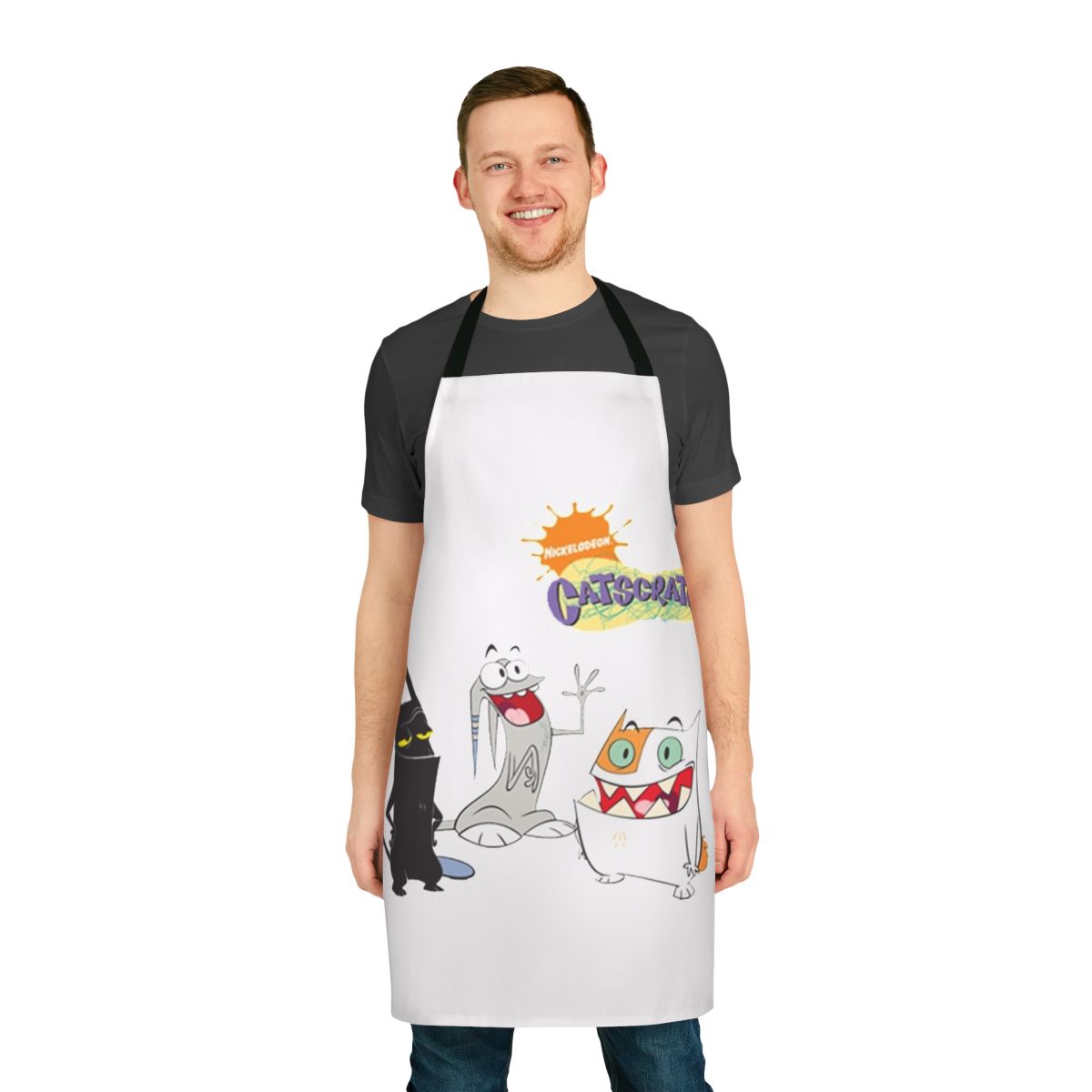 A vibrant apron featuring the iconic characters from the beloved "Cat Scratch" cartoon series.