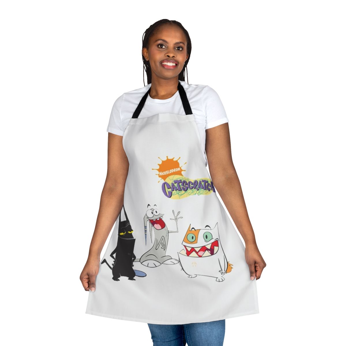 A vibrant apron featuring the iconic characters from the beloved "Cat Scratch" cartoon series.