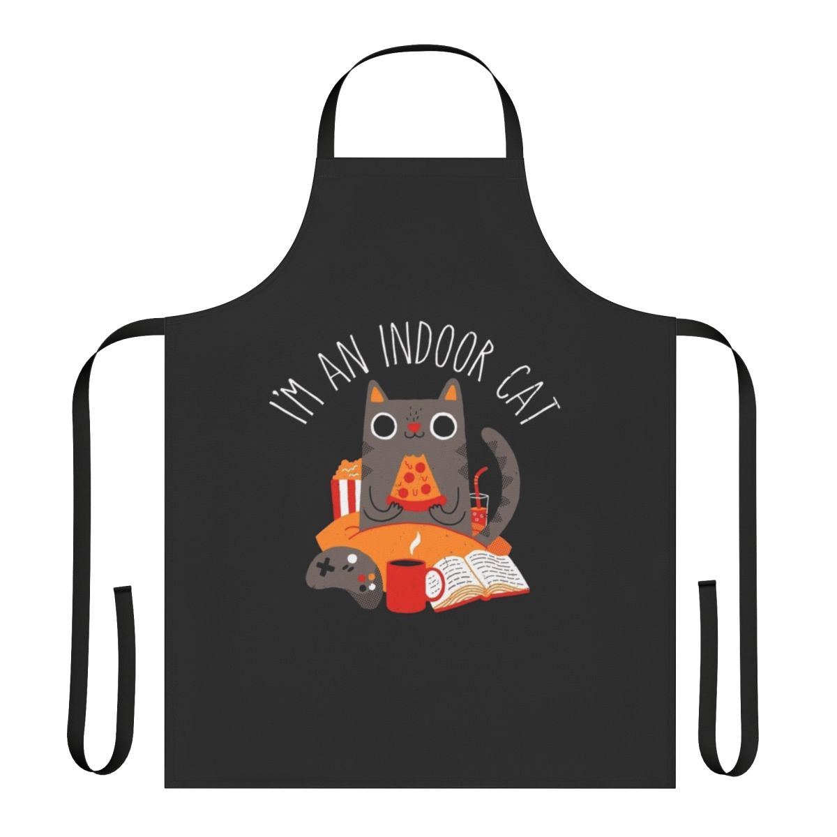 Colorful apron featuring a cute cat character design, perfect for indoor cat lovers