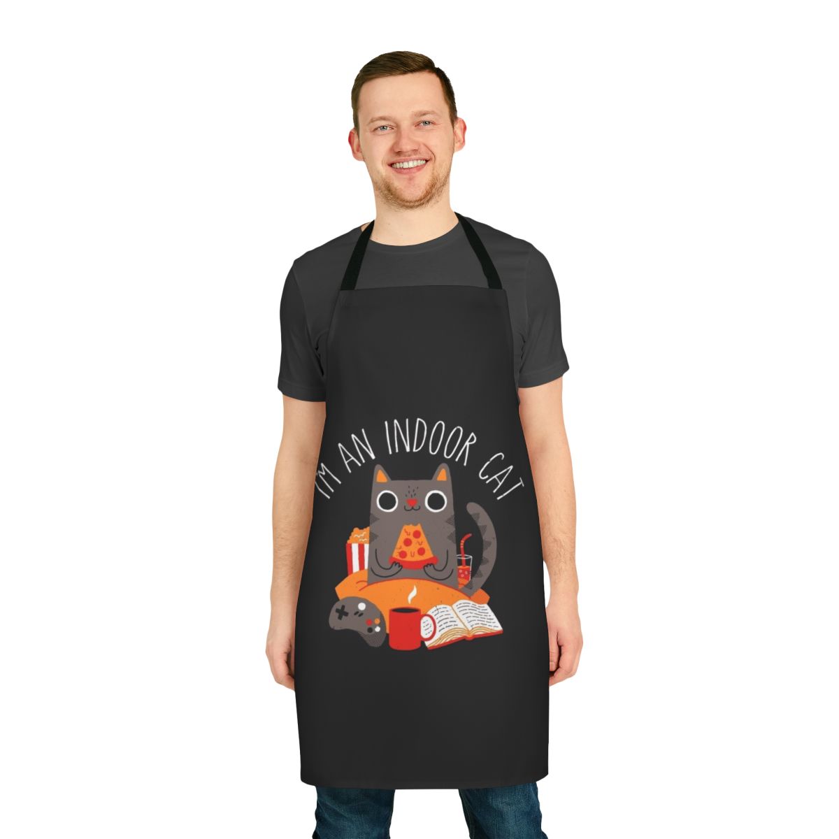 Colorful apron featuring a cute cat character design, perfect for indoor cat lovers
