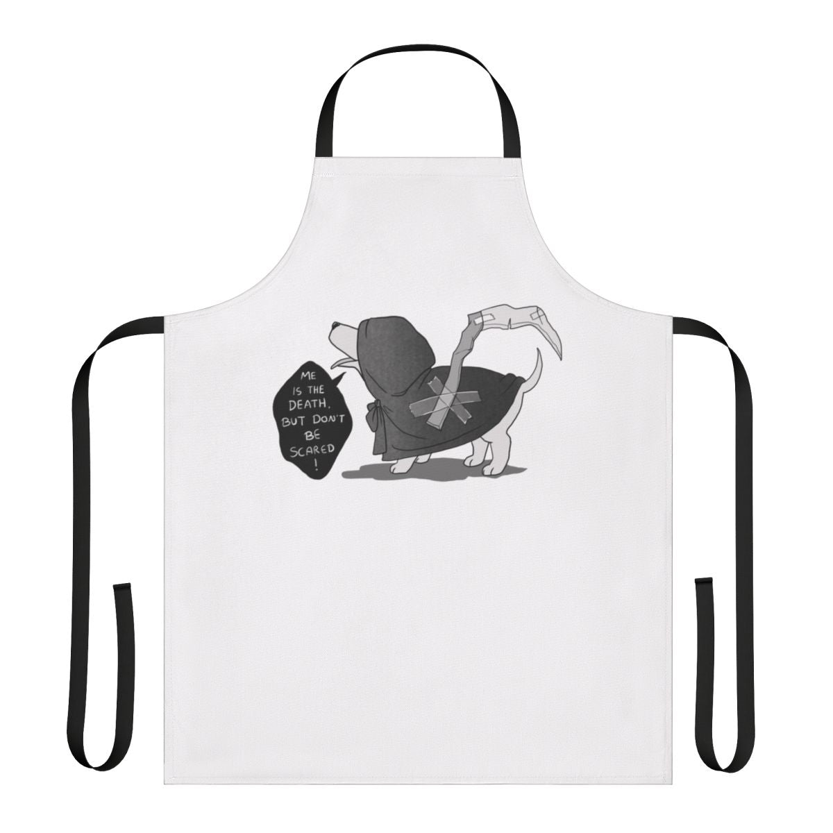 Whimsical apron featuring a cute "death doggo" character