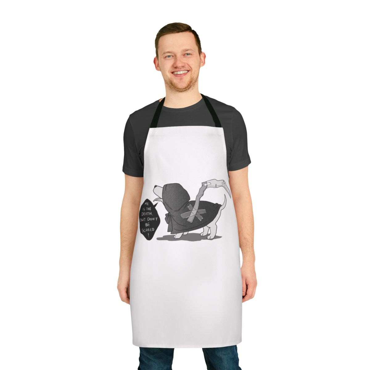 Whimsical apron featuring a cute "death doggo" character