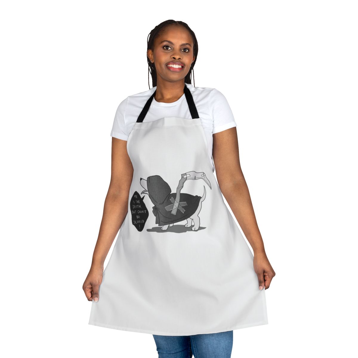 Whimsical apron featuring a cute "death doggo" character