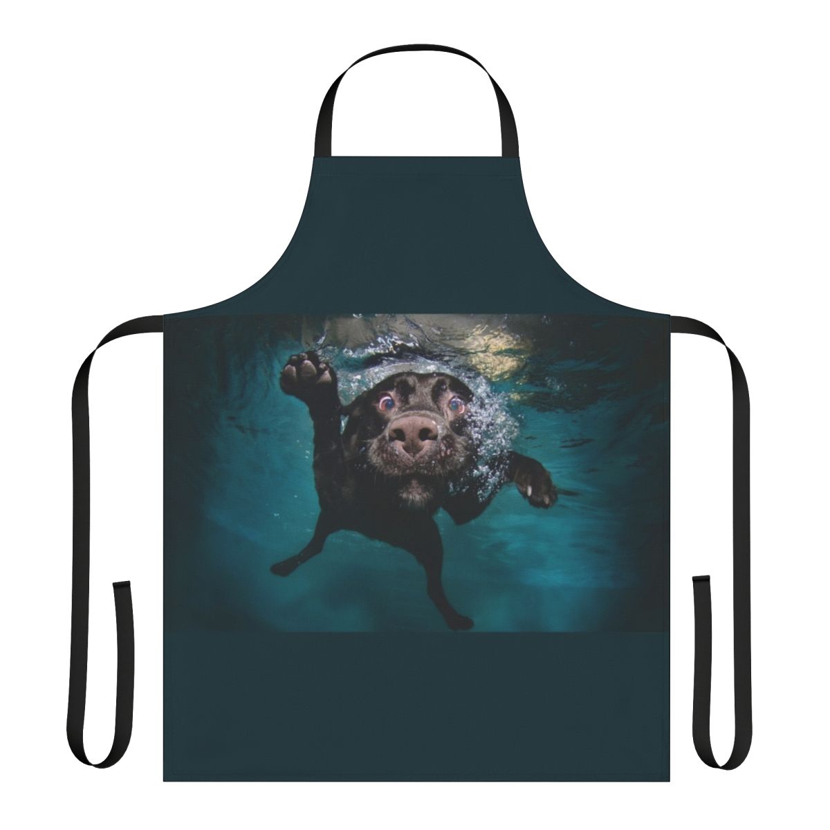 Whimsical illustration of a cute dog swimming underwater while wearing a colorful apron