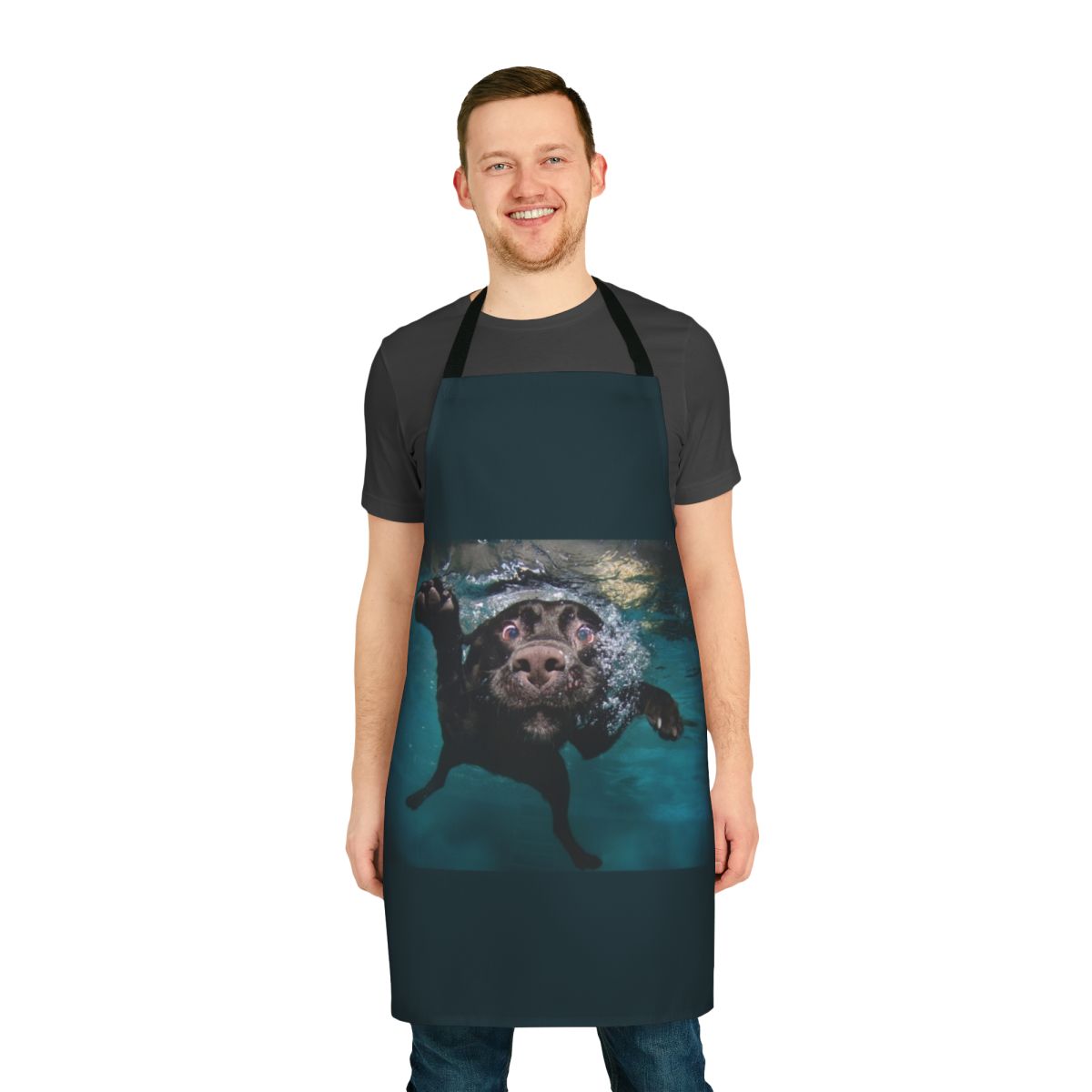 Whimsical illustration of a cute dog swimming underwater while wearing a colorful apron