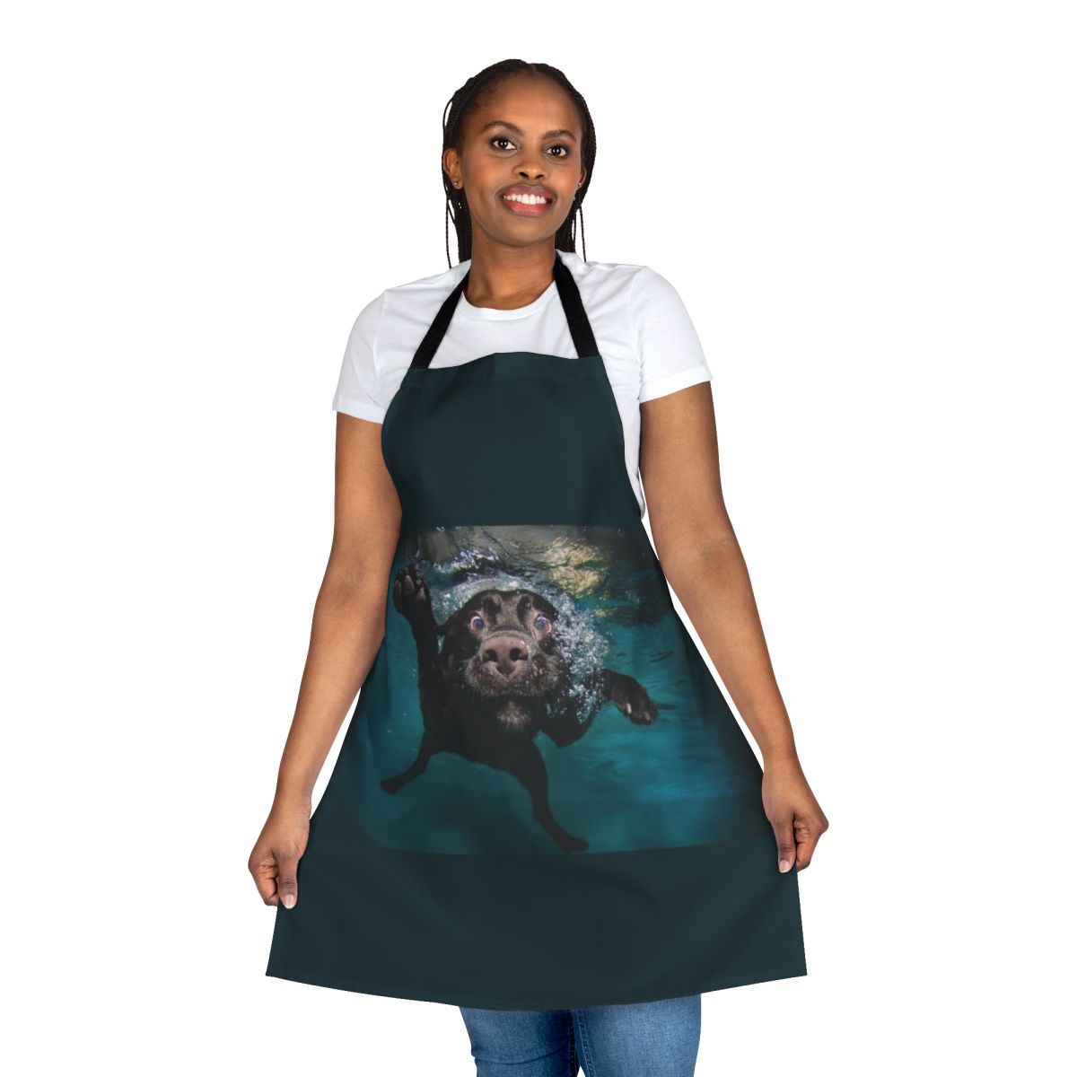 Whimsical illustration of a cute dog swimming underwater while wearing a colorful apron