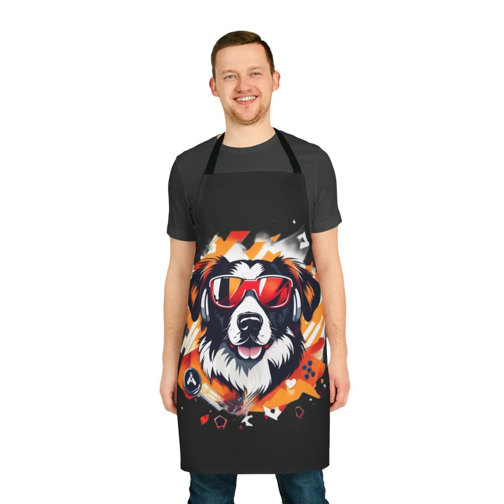 Playful dog themed apron with a gaming design, perfect for gamers and pet enthusiasts.