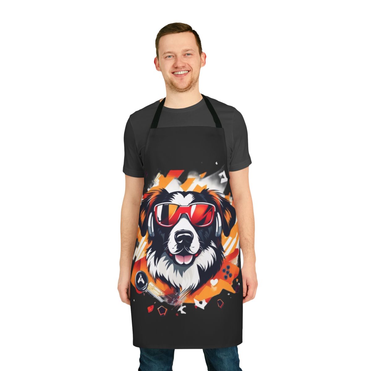 Playful dog themed apron with a gaming design, perfect for gamers and pet enthusiasts.