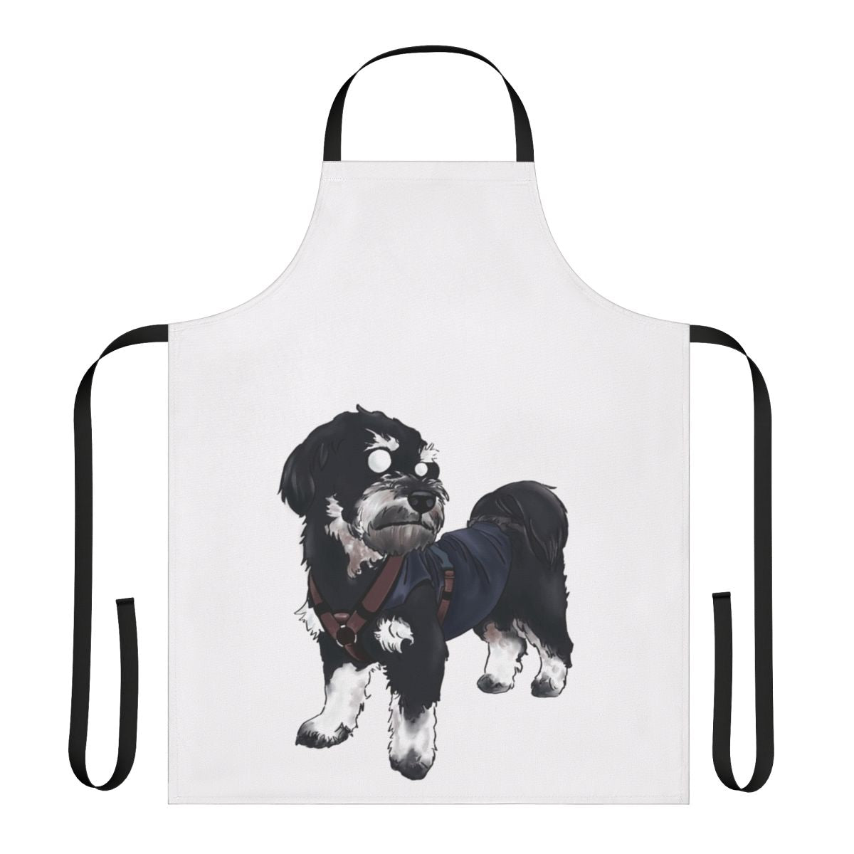 A colorful apron featuring a playful dog design, perfect for pet owners who love to cook or bake.