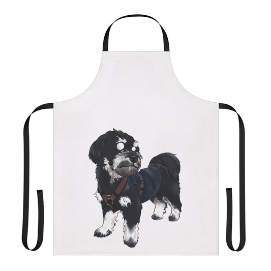 A colorful apron featuring a playful dog design, perfect for pet owners who love to cook or bake.