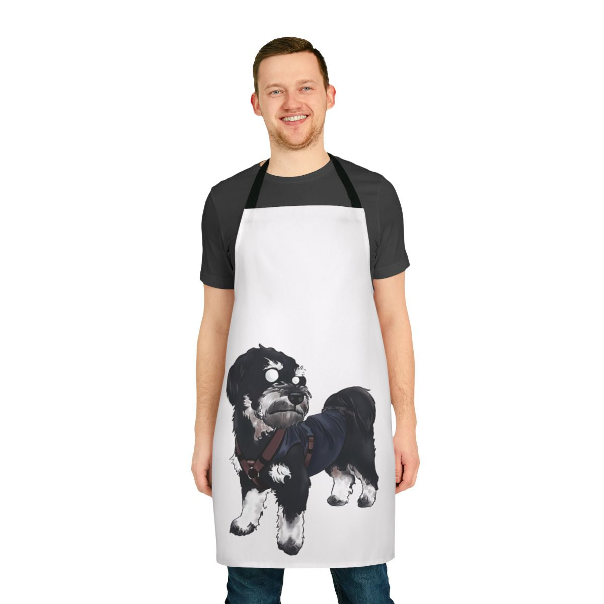 A colorful apron featuring a playful dog design, perfect for pet owners who love to cook or bake.