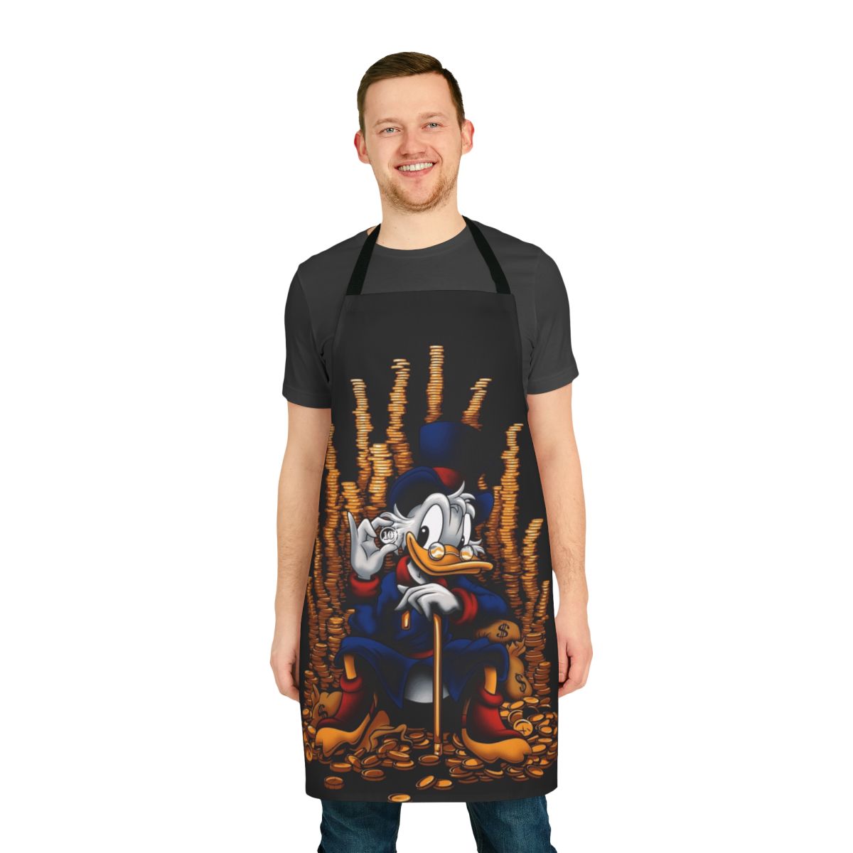 A colorful apron featuring a playful game-themed design, perfect for the kitchen.