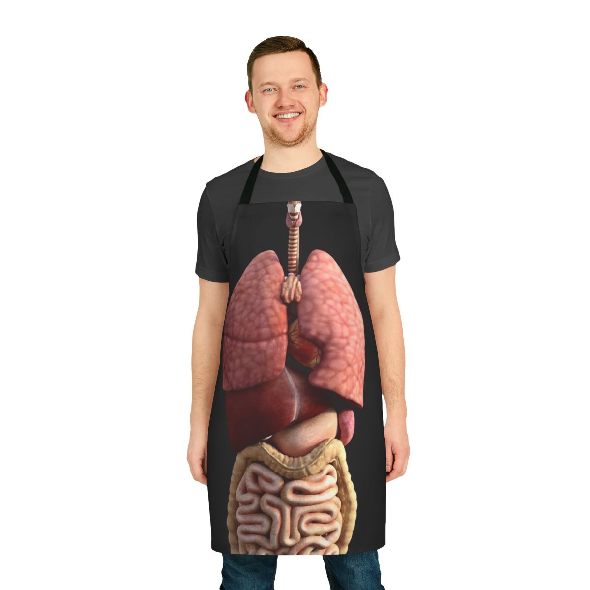 Model wearing an apron with a 3D illustration of the internal organs of the human body