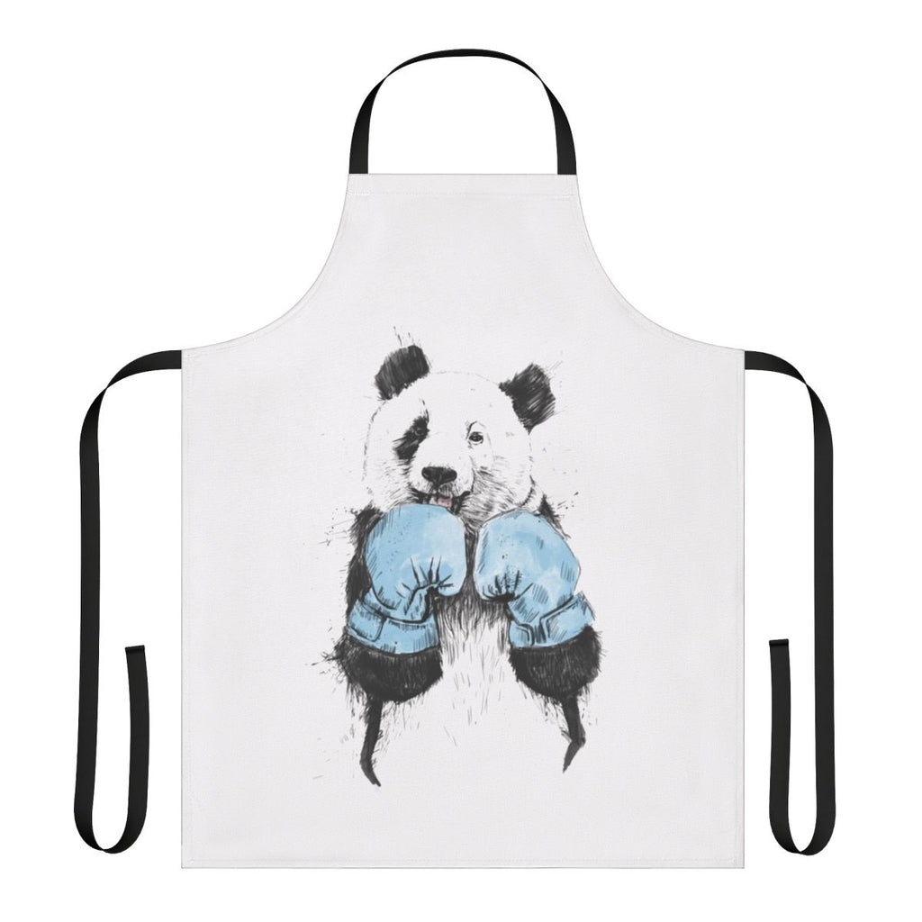 Illustration of a panda wearing boxing gloves on a black and white apron