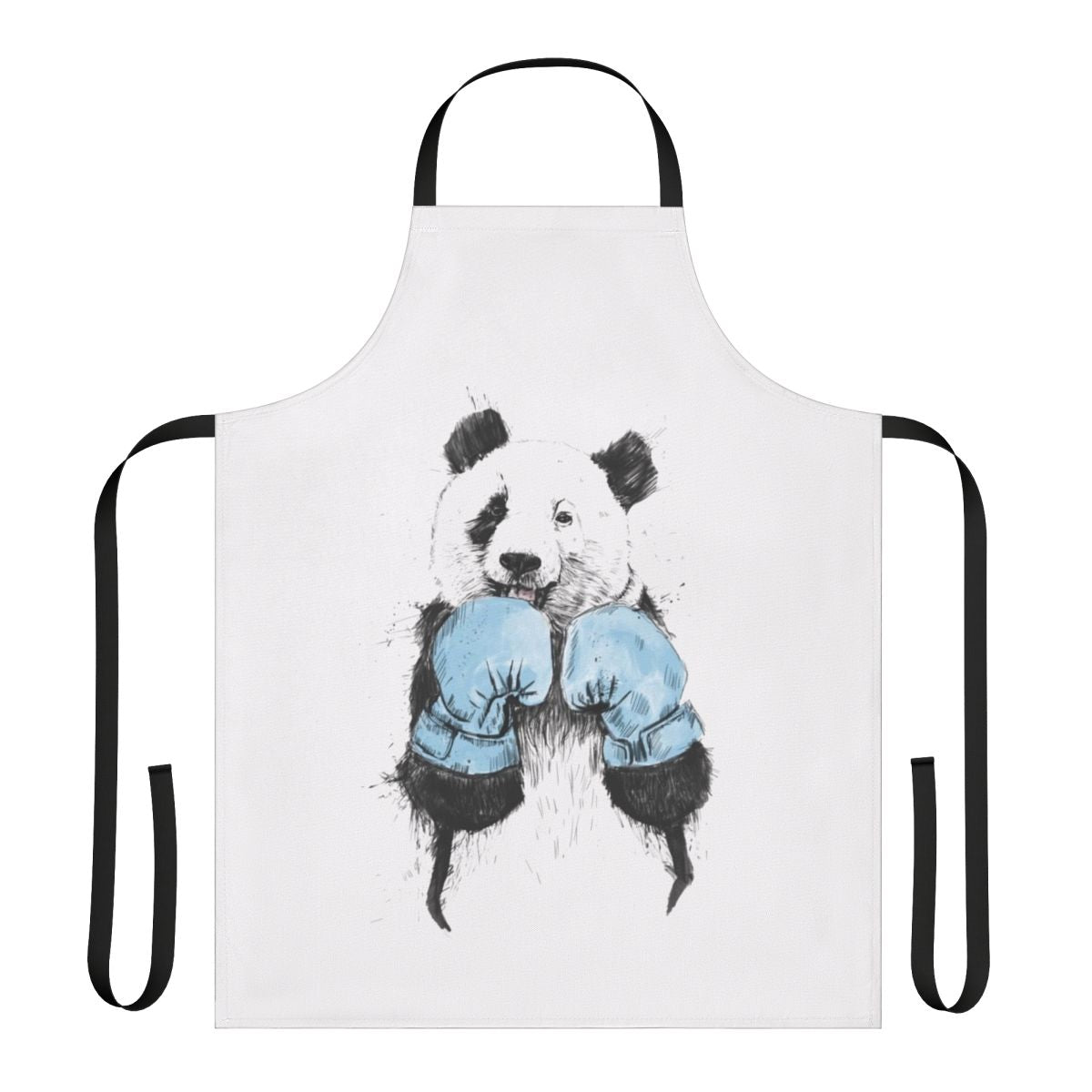 Illustration of a panda wearing boxing gloves on a black and white apron
