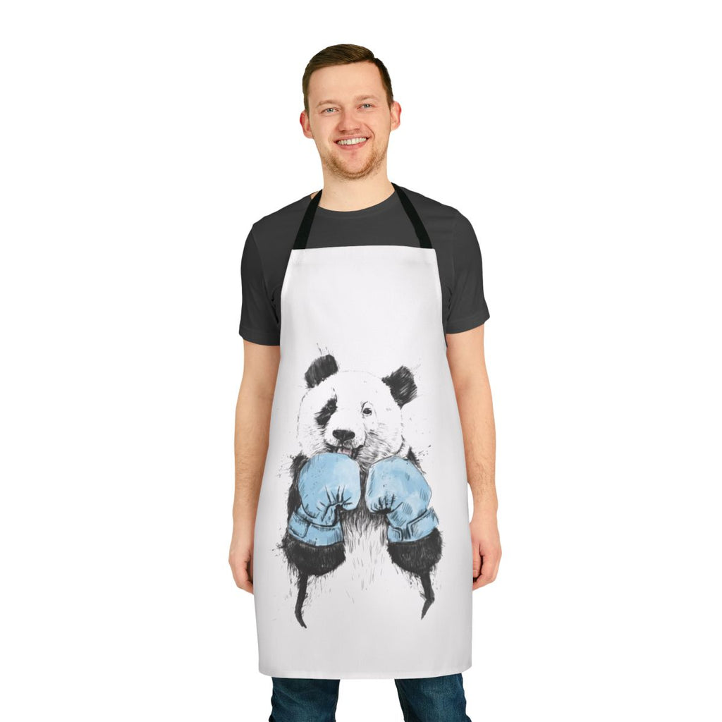 Illustration of a panda wearing boxing gloves on a black and white apron