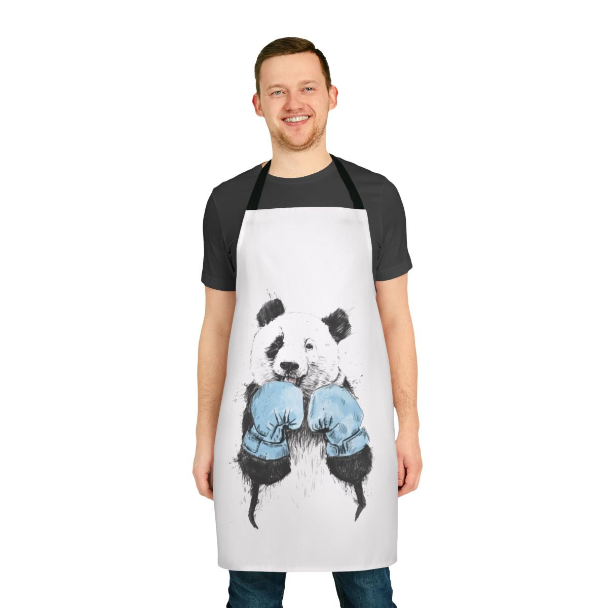 Illustration of a panda wearing boxing gloves on a black and white apron