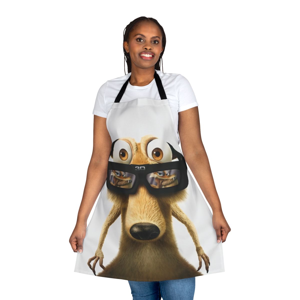 Whimsical squirrel-themed apron with an ice cream motif, perfect for kitchen tasks
