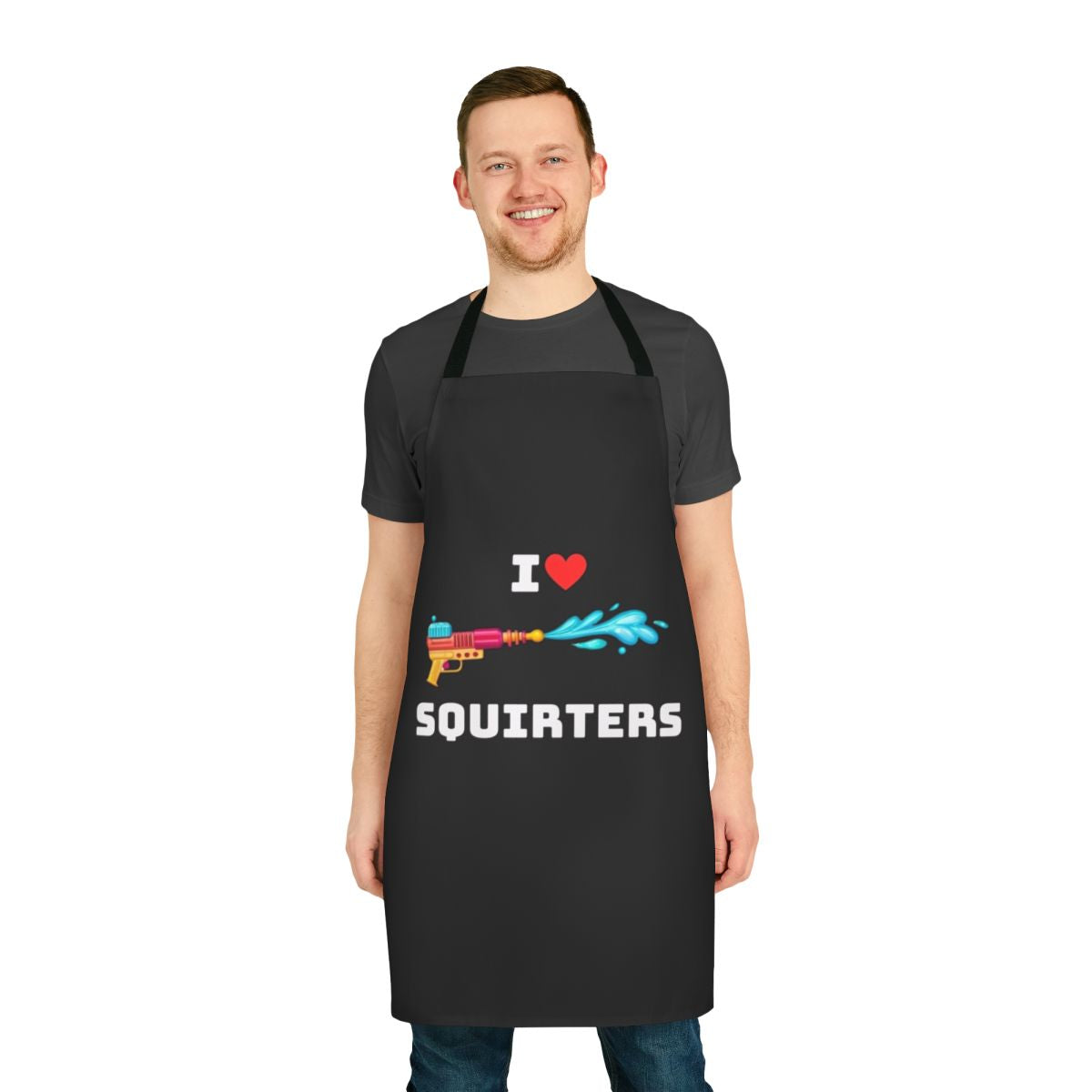 Adorable squirters-themed apron with cute animal and heart quote design