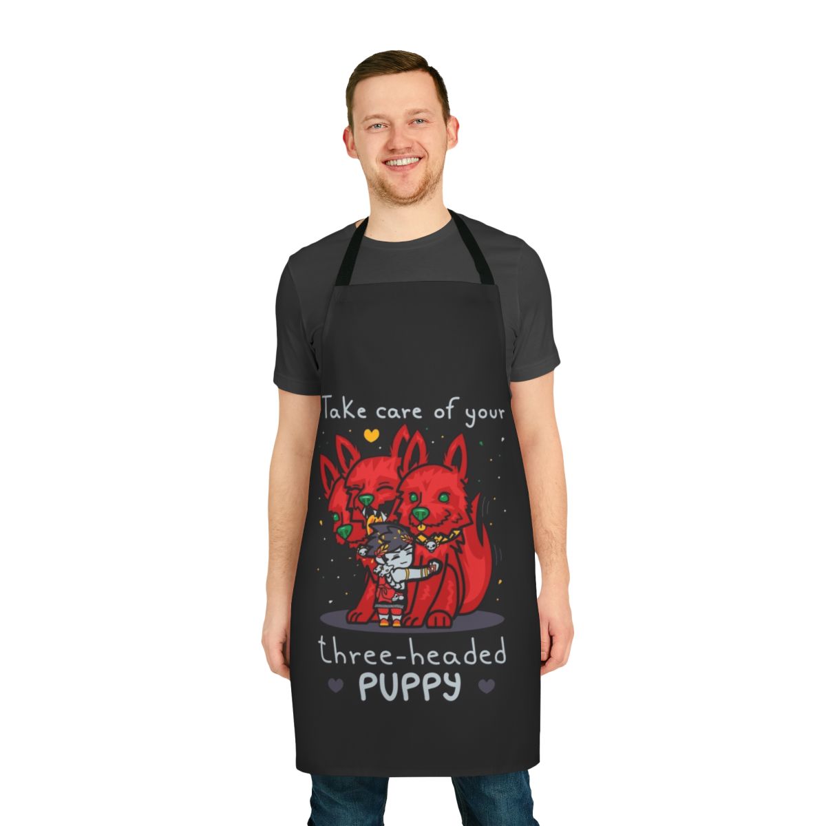 Colorful apron featuring a three-headed dog, inspired by the iconic Cerberus from the Hades video game.