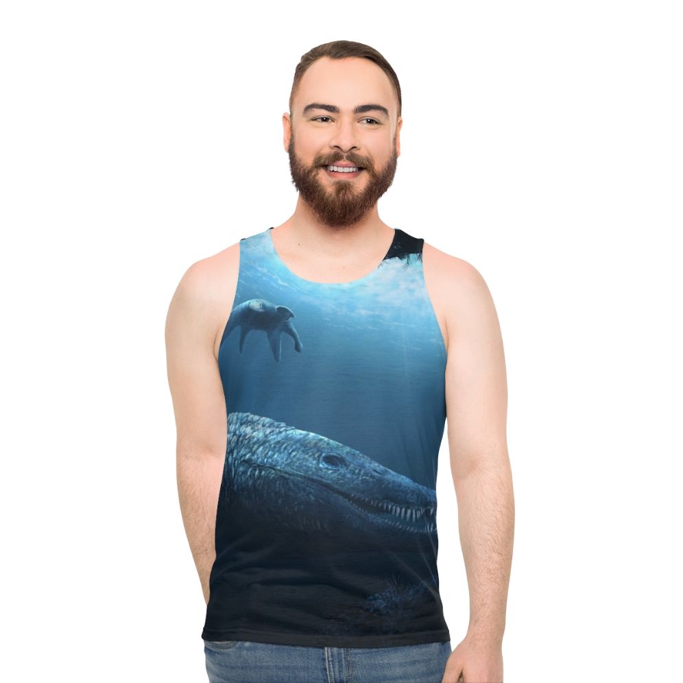 Pliosaur mother and calf prehistoric marine reptile illustration on a unisex tank top