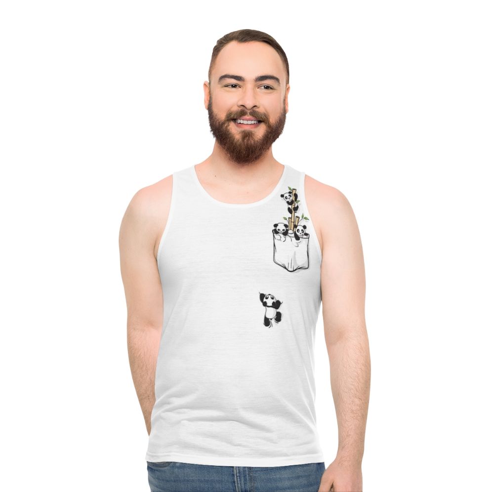 Pocket panda graphic printed on a unisex tank top