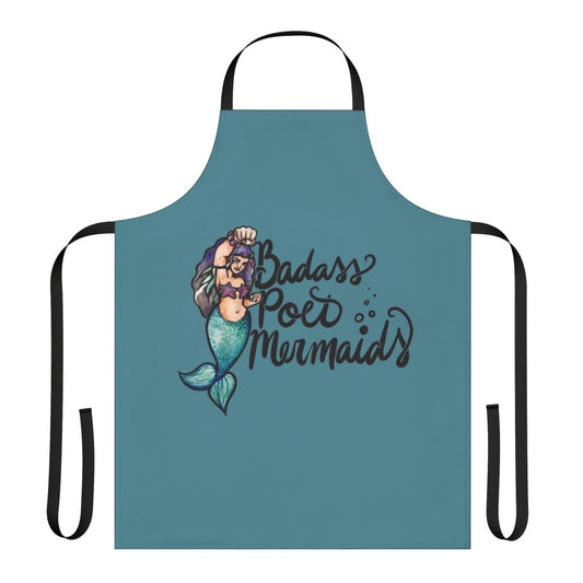 Badass poet mermaid design on a high-quality apron for literary lovers and animal enthusiasts.