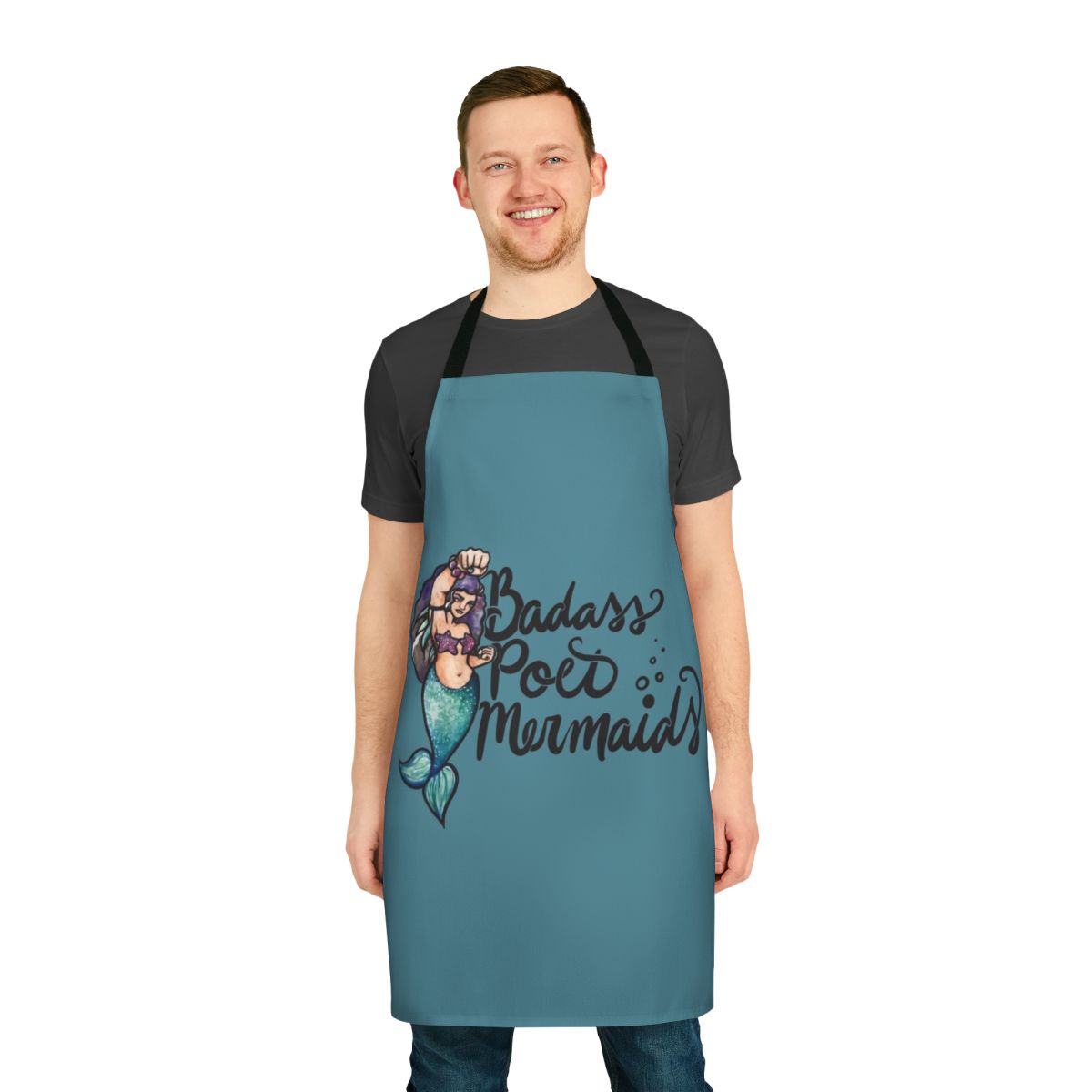Badass poet mermaid design on a high-quality apron for literary lovers and animal enthusiasts.