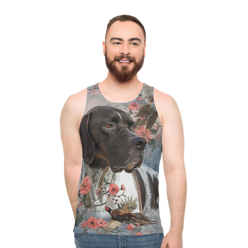 Pointer dog with pheasants on a unisex tank top