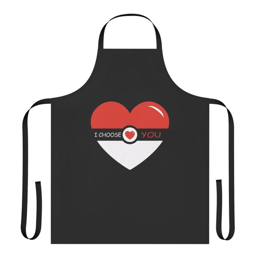 A white apron with a Pokéball design and the text "I Choose You" for Valentine's Day.