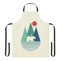 A vibrant and whimsical apron featuring a polar bear design against a backdrop of geometric mountains, sunrise, and sunset colors.
