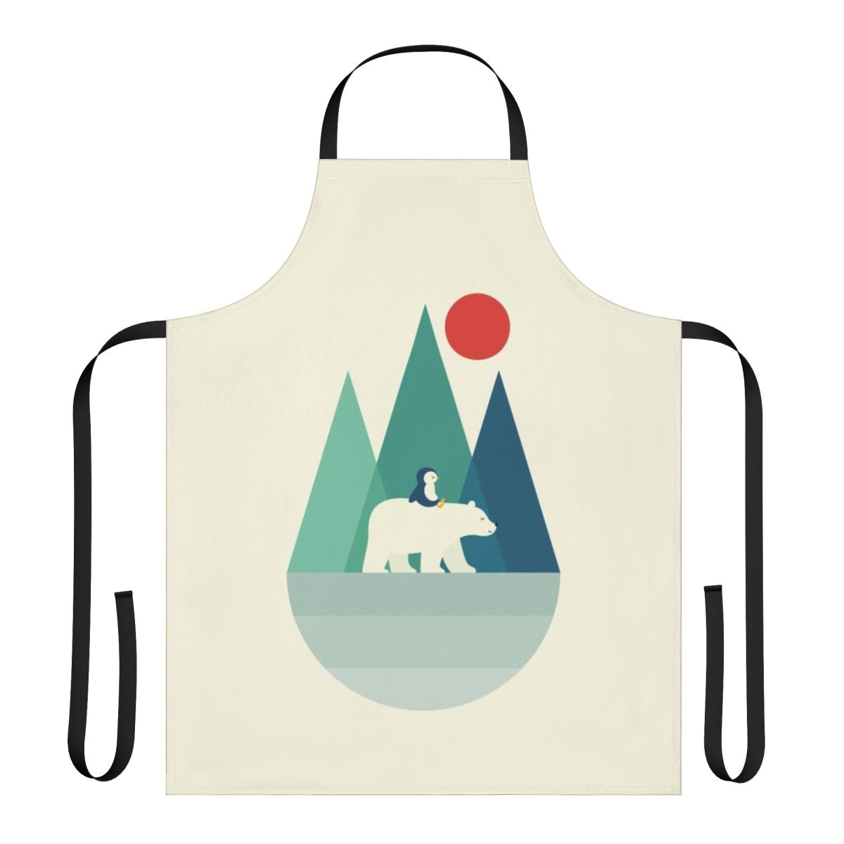 A vibrant and whimsical apron featuring a polar bear design against a backdrop of geometric mountains, sunrise, and sunset colors.