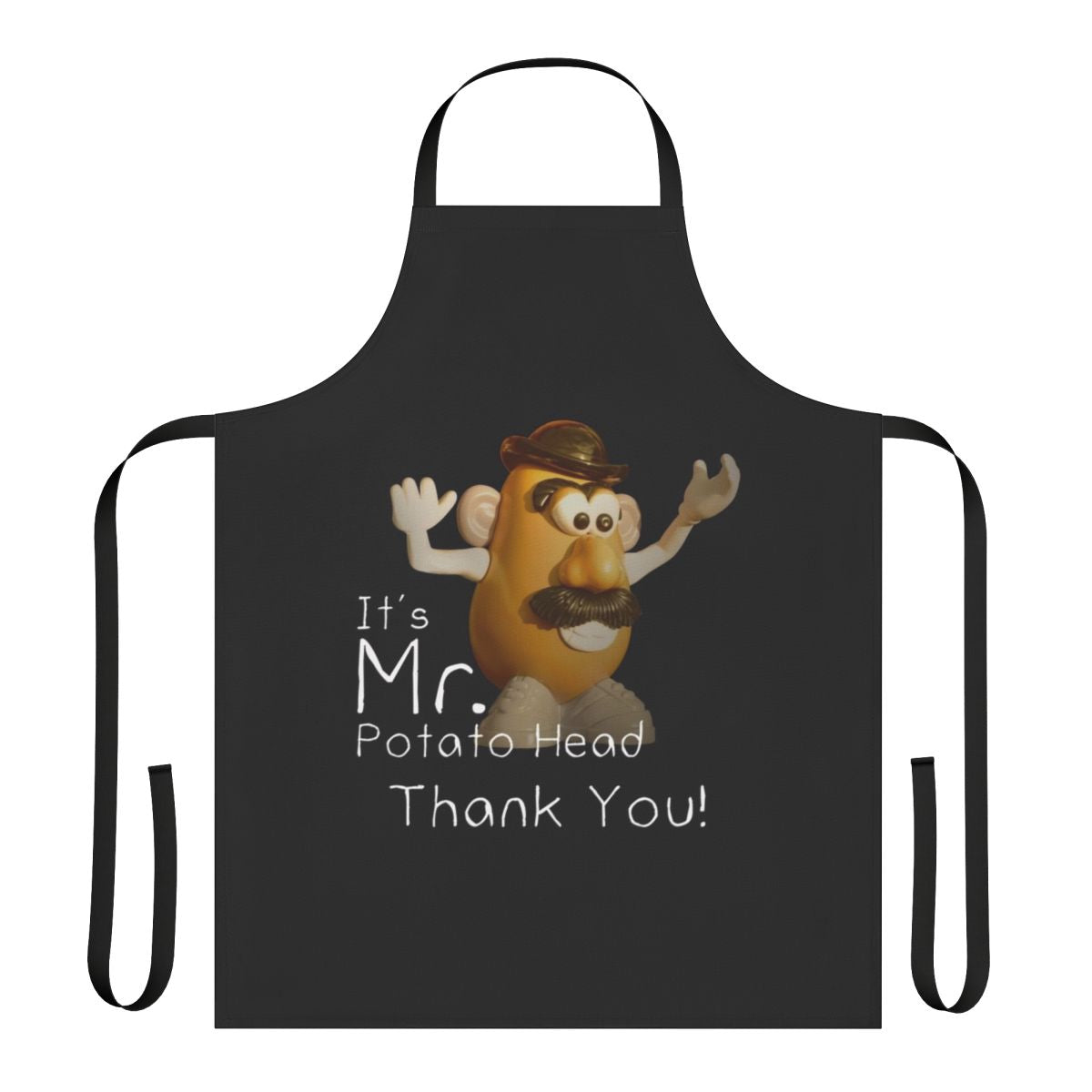 A humorous Mr Potato Head-themed apron featuring political and social commentary
