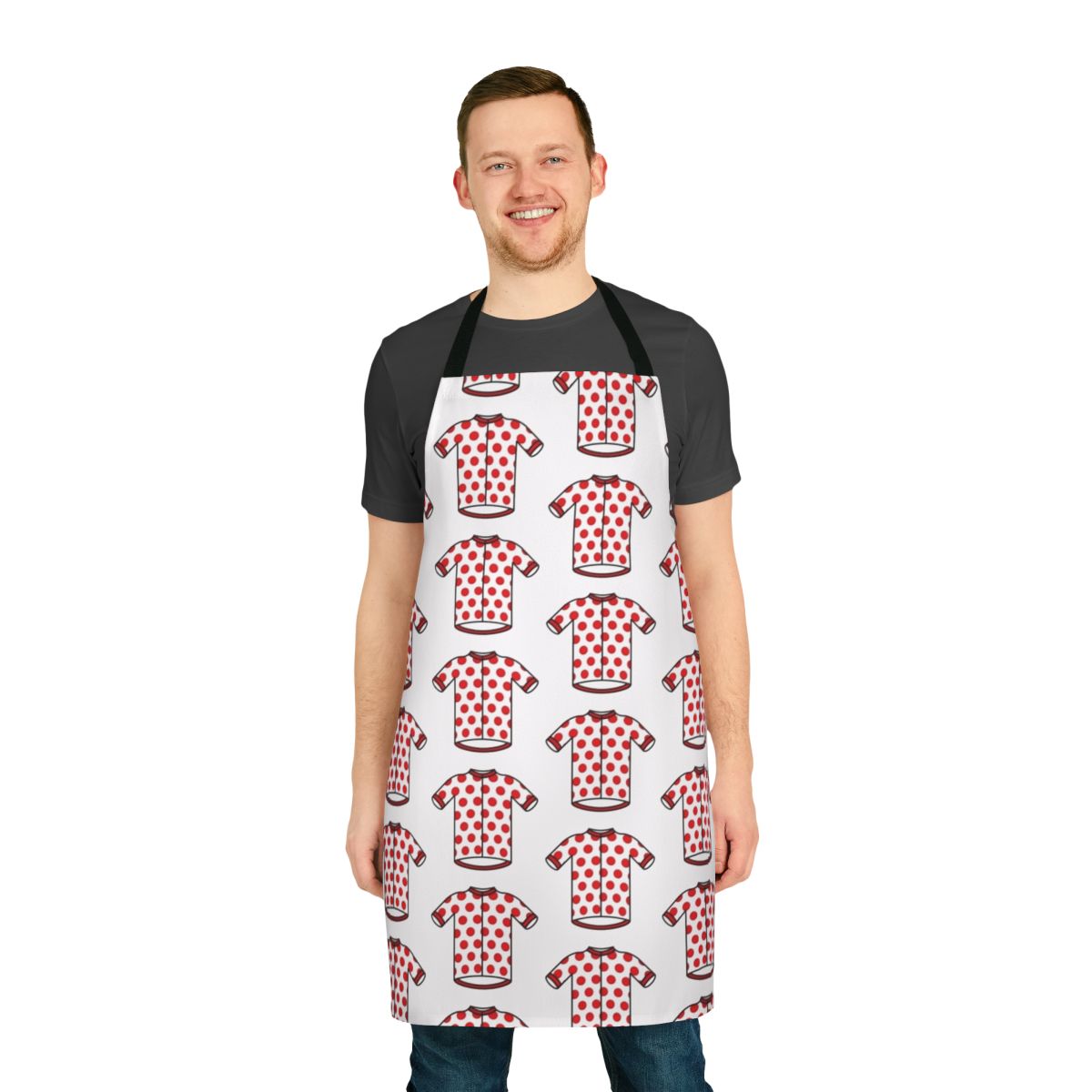 Polka dot cycling jersey pattern printed on a durable apron for cyclists