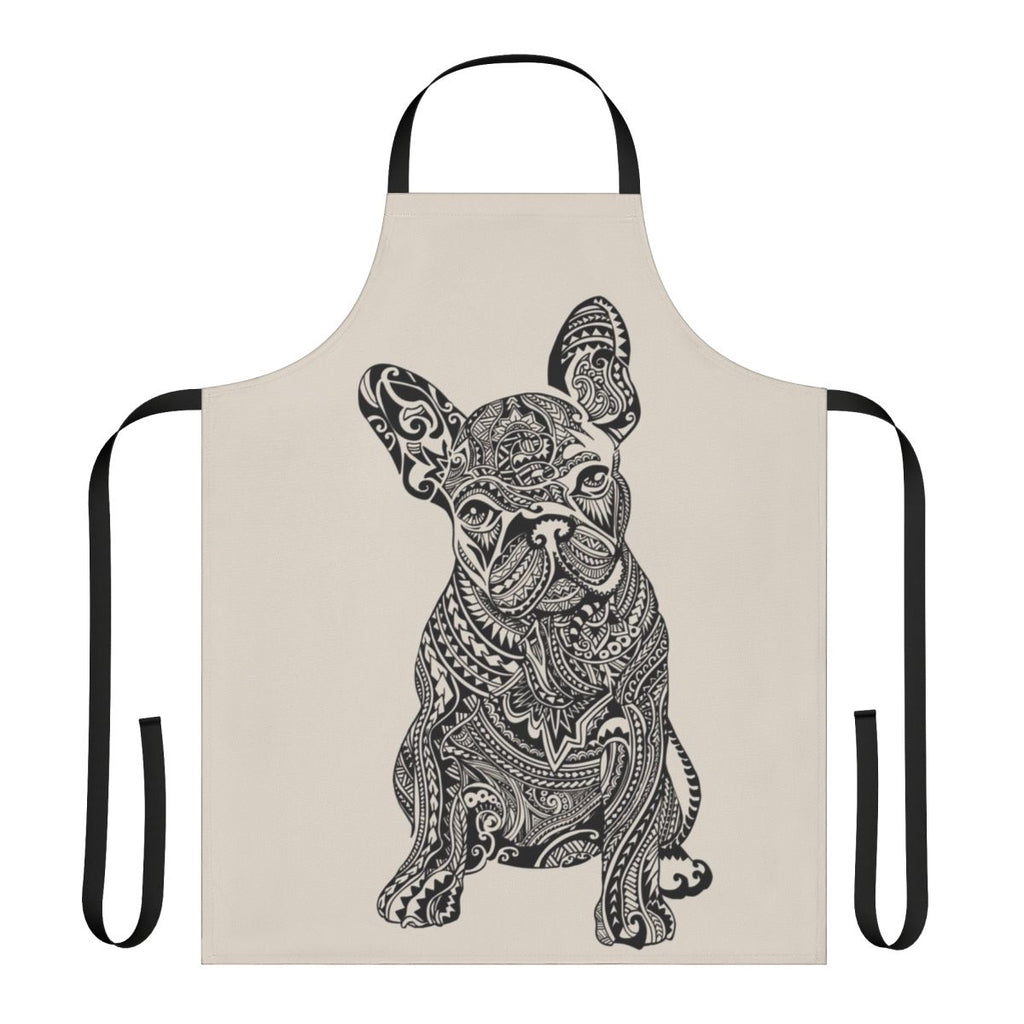 Polynesian-themed French Bulldog apron with tribal tattoo design