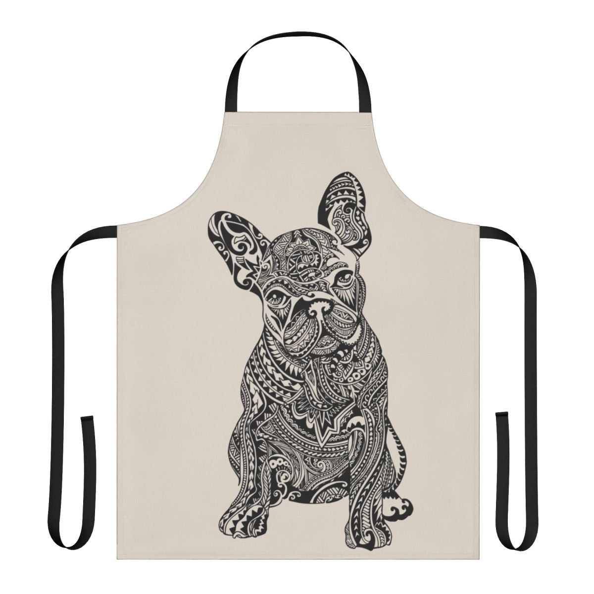 Polynesian-themed French Bulldog apron with tribal tattoo design