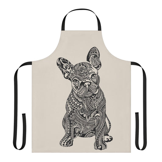 Polynesian-themed French Bulldog apron with tribal tattoo design
