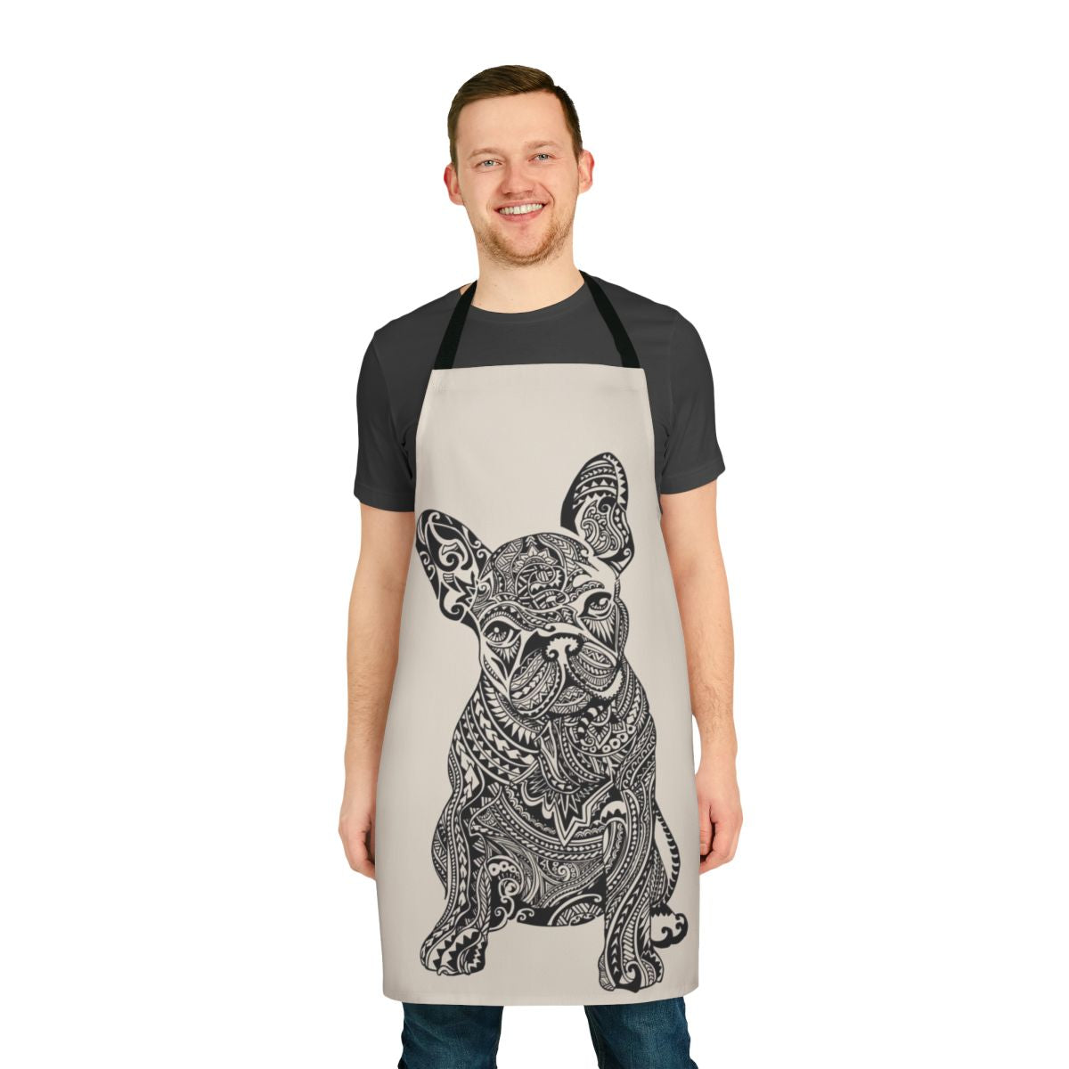 Polynesian-themed French Bulldog apron with tribal tattoo design