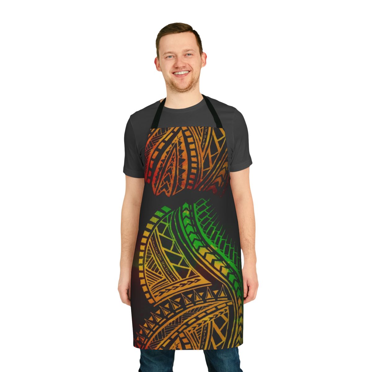 Polynesian tribal-inspired apron with colorful, galaxy-themed design