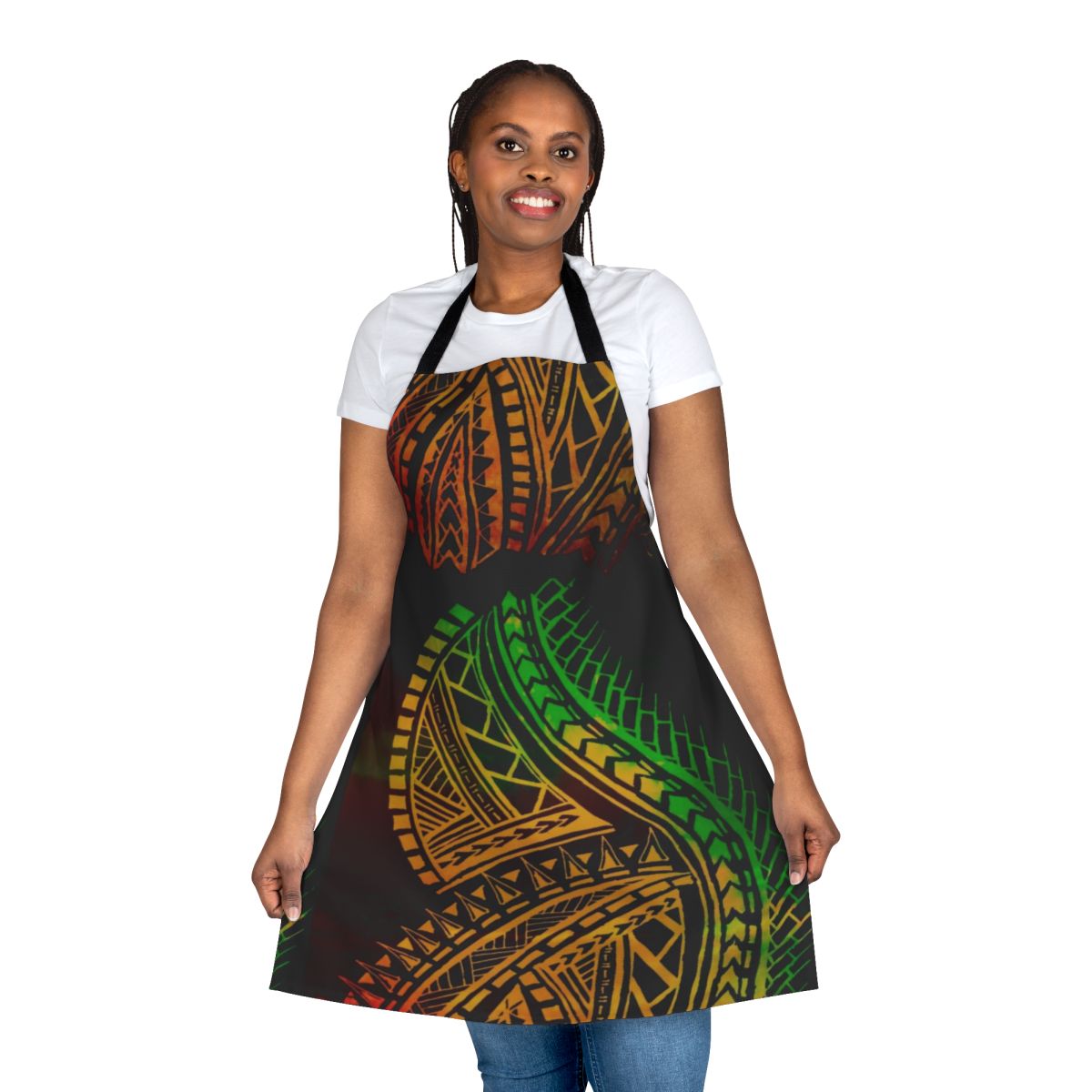 Polynesian tribal-inspired apron with colorful, galaxy-themed design