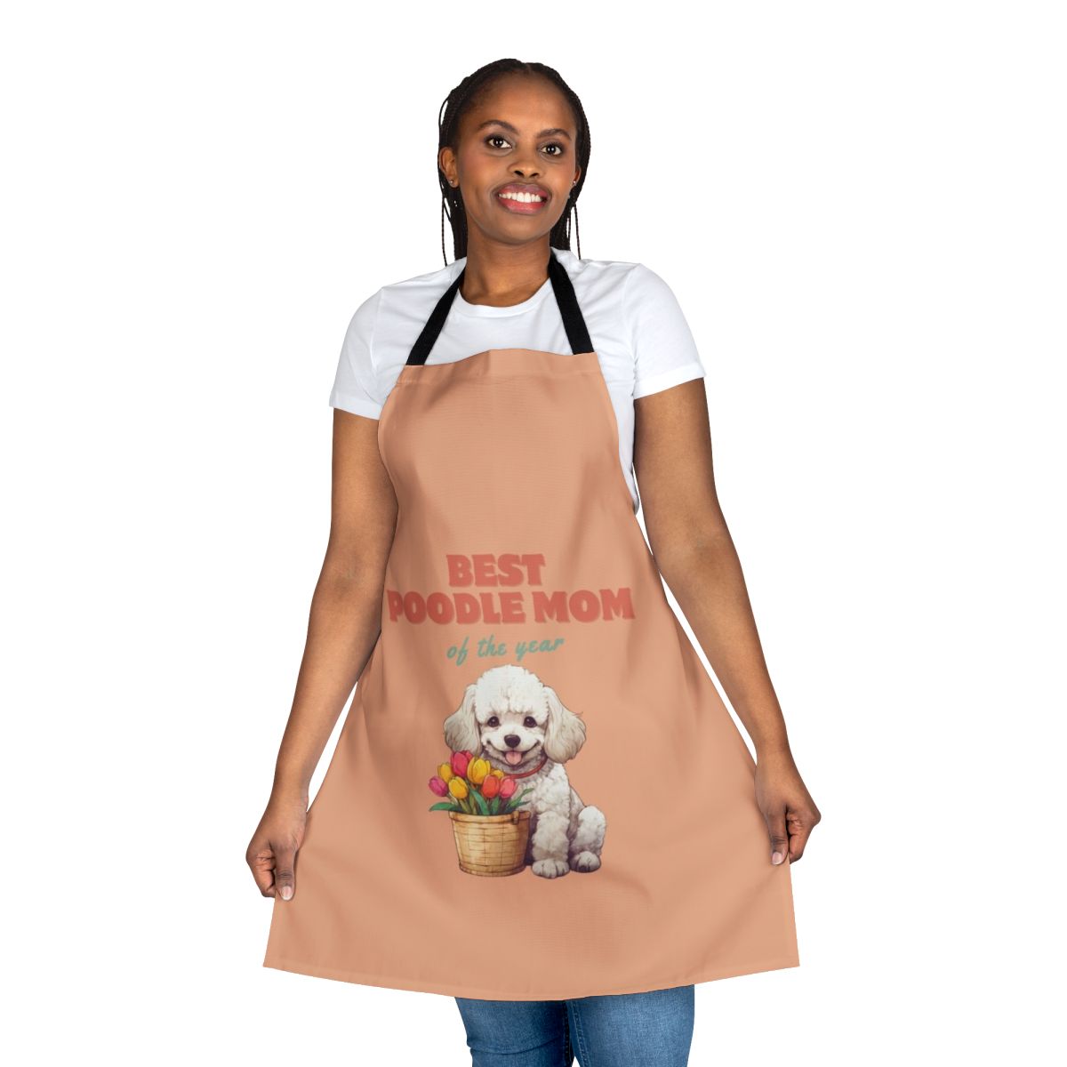 Apron with colorful tulips and text "Best Poodle Mom of the Year"