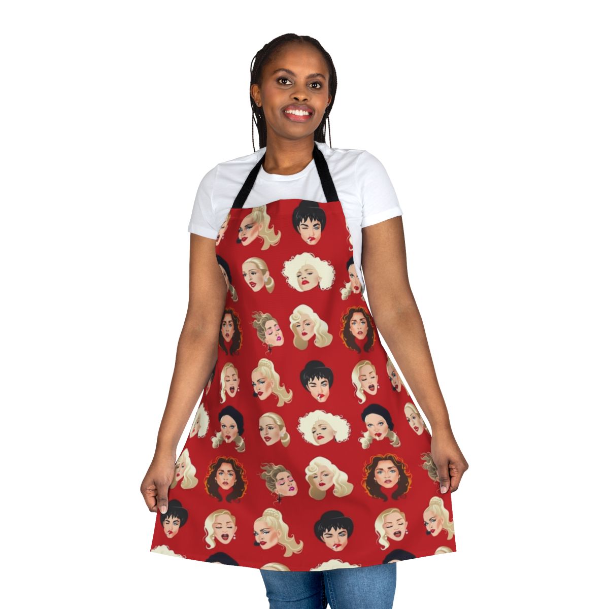 Pop art inspired apron featuring a blonde woman's face, a reference to a famous music diva