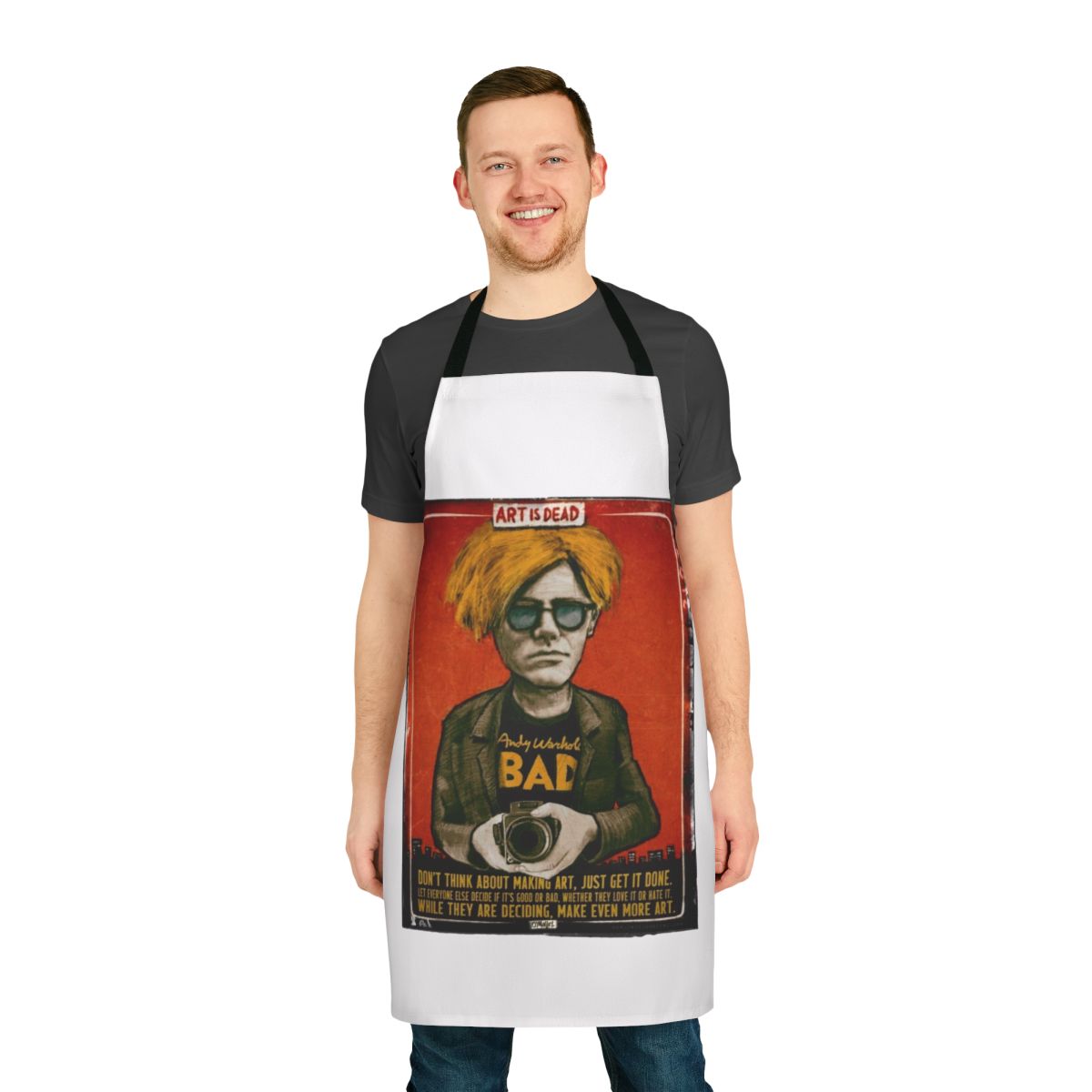 Pop art-inspired apron featuring a graphic design inspired by the iconic works of artist Andy Warhol